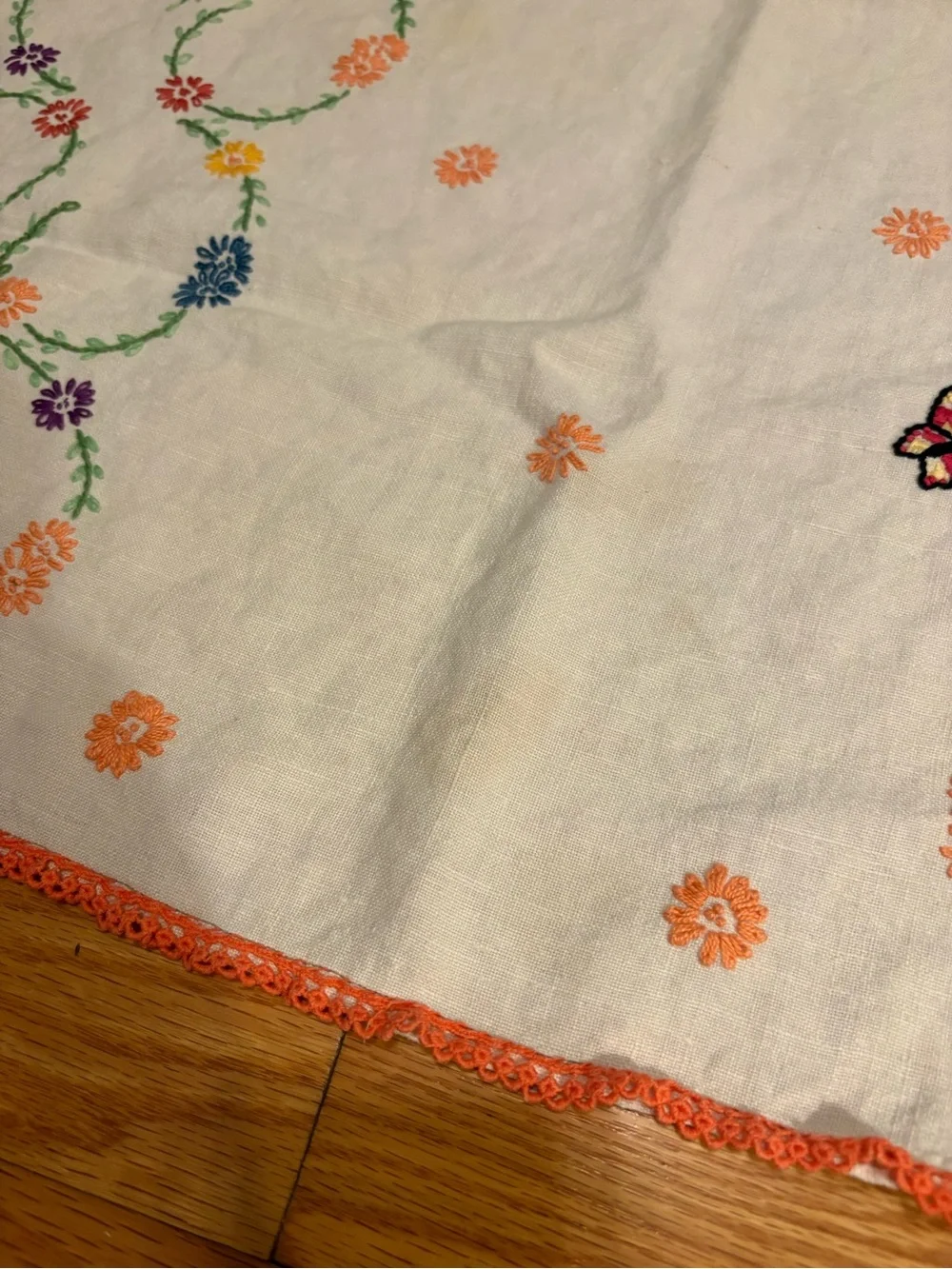 Hand-Embroidered White Linen tablecloth with Colorful Floral Swirls Butterfly